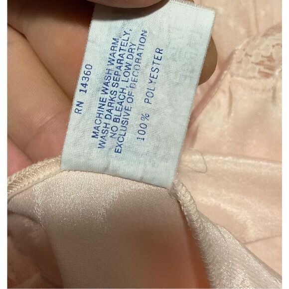 Vtg Keyloun Satin semi-sheer Mesh Lace Trim Chemise Slip Dress Peach Pink Size L - Picture 11 of 12